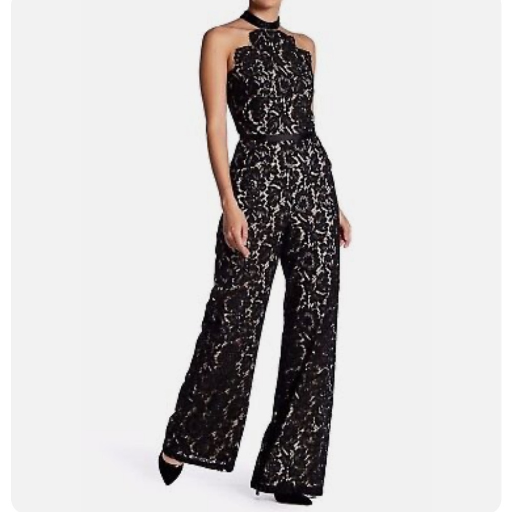 Lotus Threads Black Lace Wide Leg Jumpsuit High Beaded Neck Racerback Size 12
